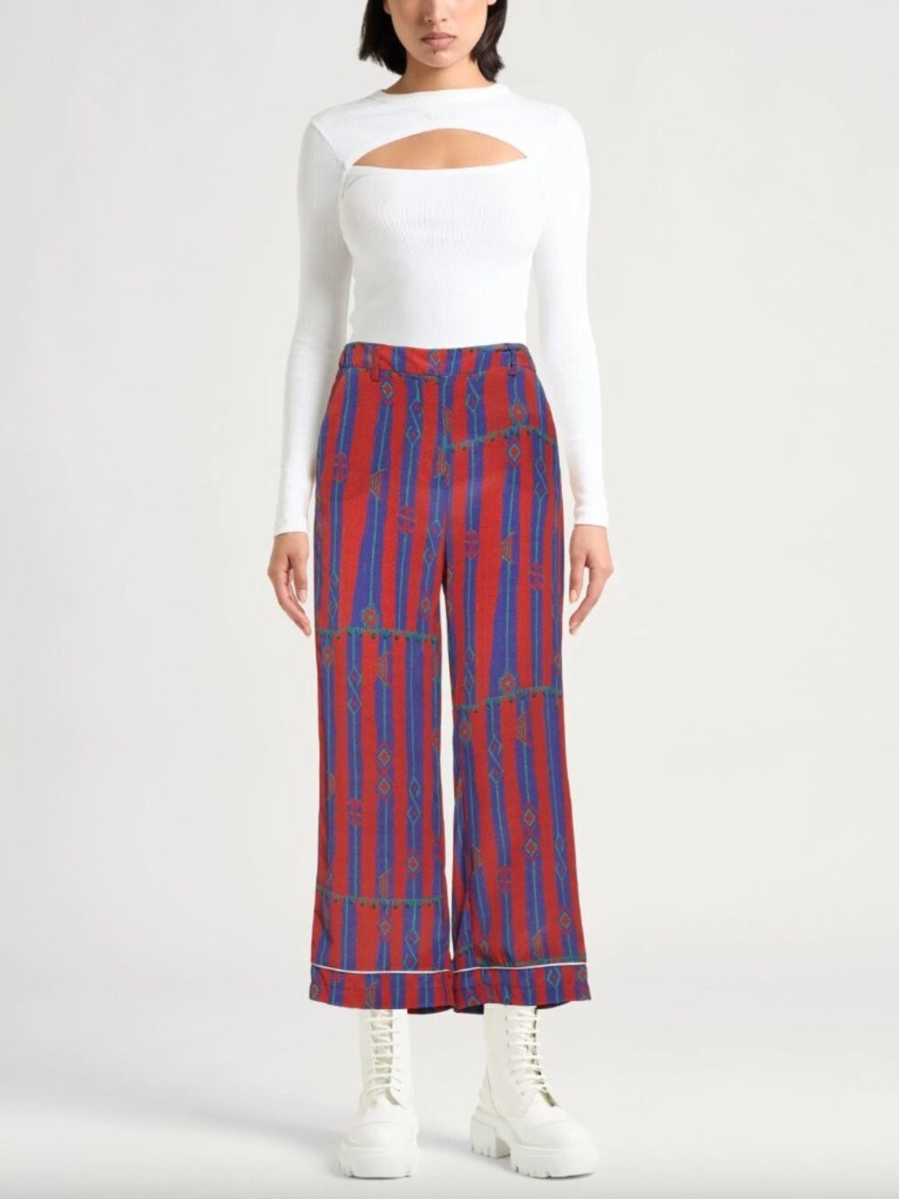 $588 Stella Jean Red Blue Stripe Geometric Trouser Silk Pants size 4/40